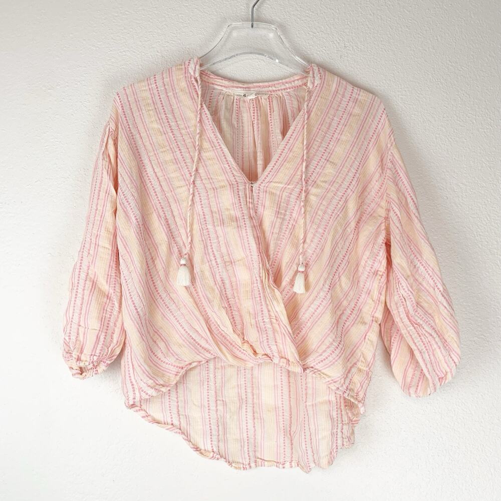 Lou & Grey Shirt XS Embroidered Stripes Faux Wrap Surplice‎ Tassels Boho